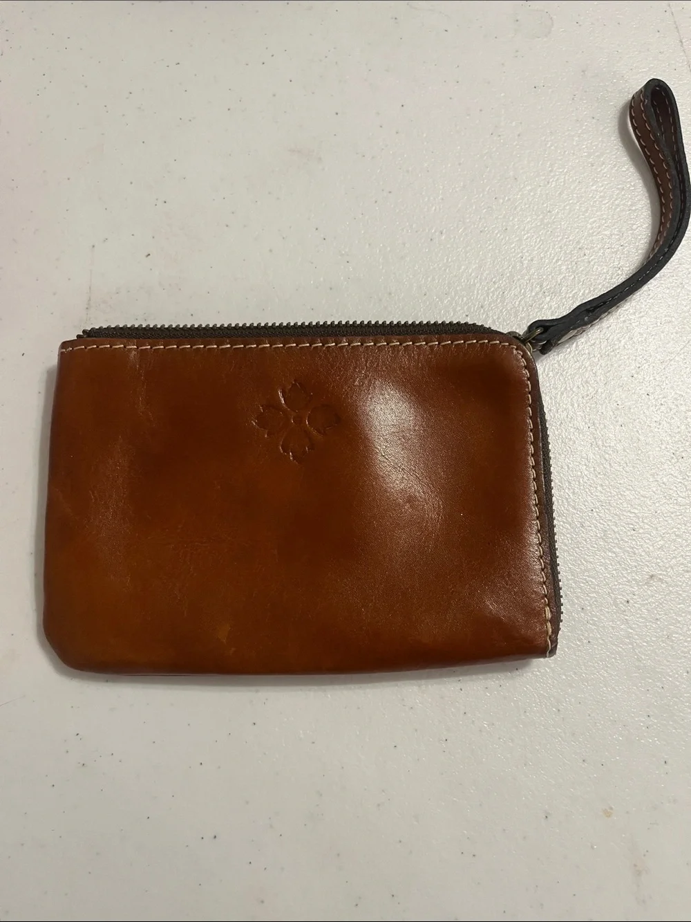 Patricia Nash Leather Zip Wristlet Pouch in Brown Cognac floral